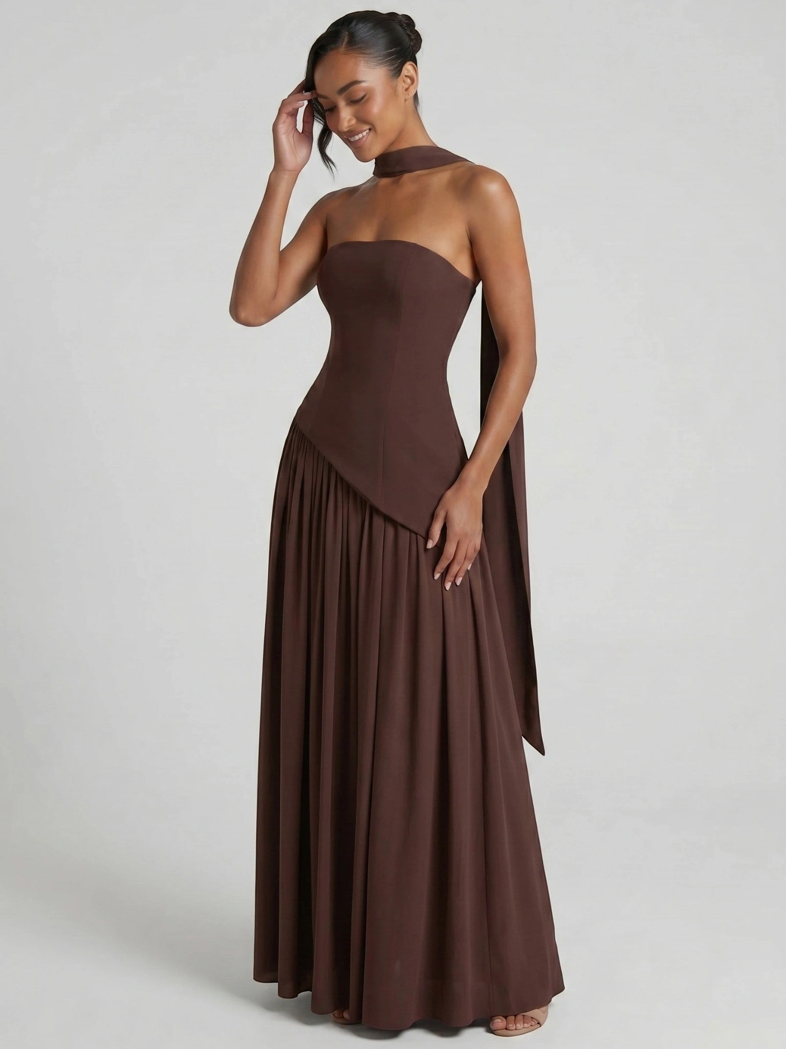 Evelyn — Elegant Chiffon Evening Dress With Strapless Scarf Detail Brown