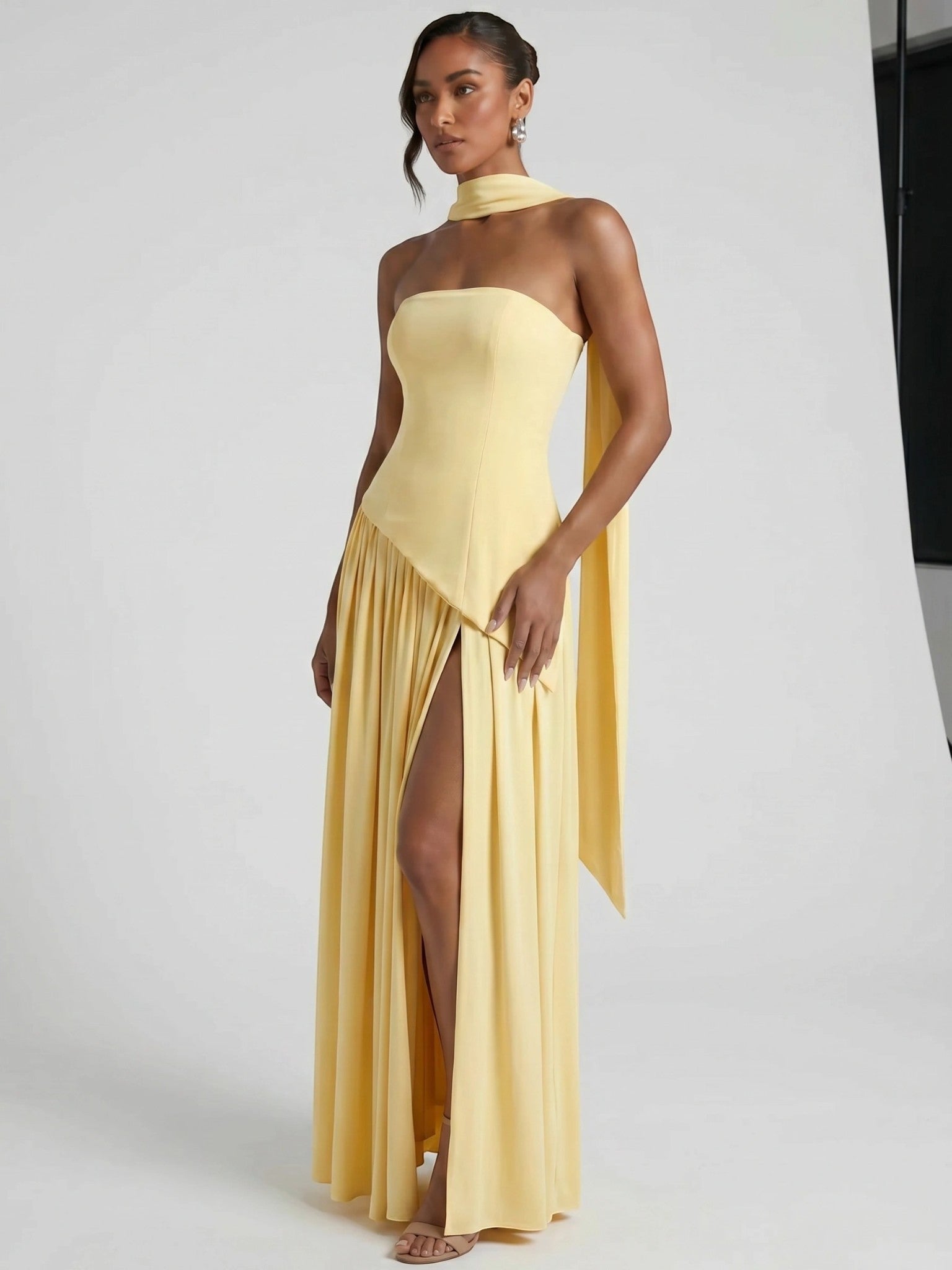 Evelyn — Elegant Chiffon Evening Dress With Strapless Scarf Detail Lemon Yellow