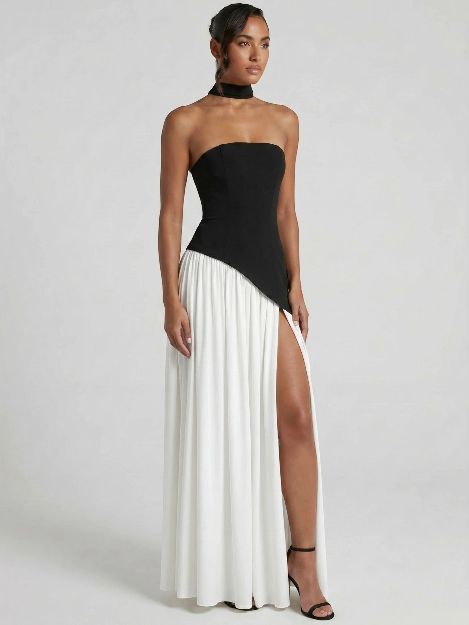 Evelyn — Elegant Chiffon Evening Dress With Strapless Scarf Detail Black