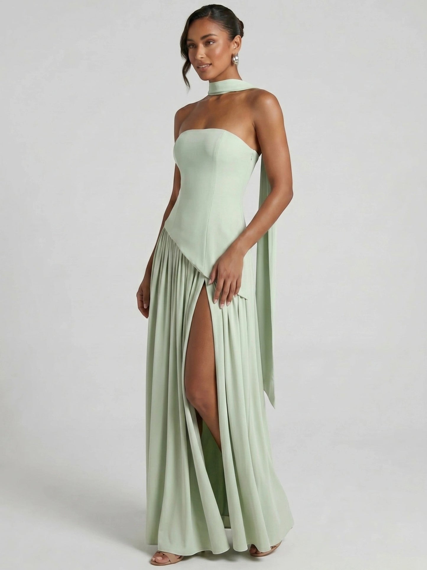 Evelyn — Elegant Chiffon Evening Dress With Strapless Scarf Detail mint