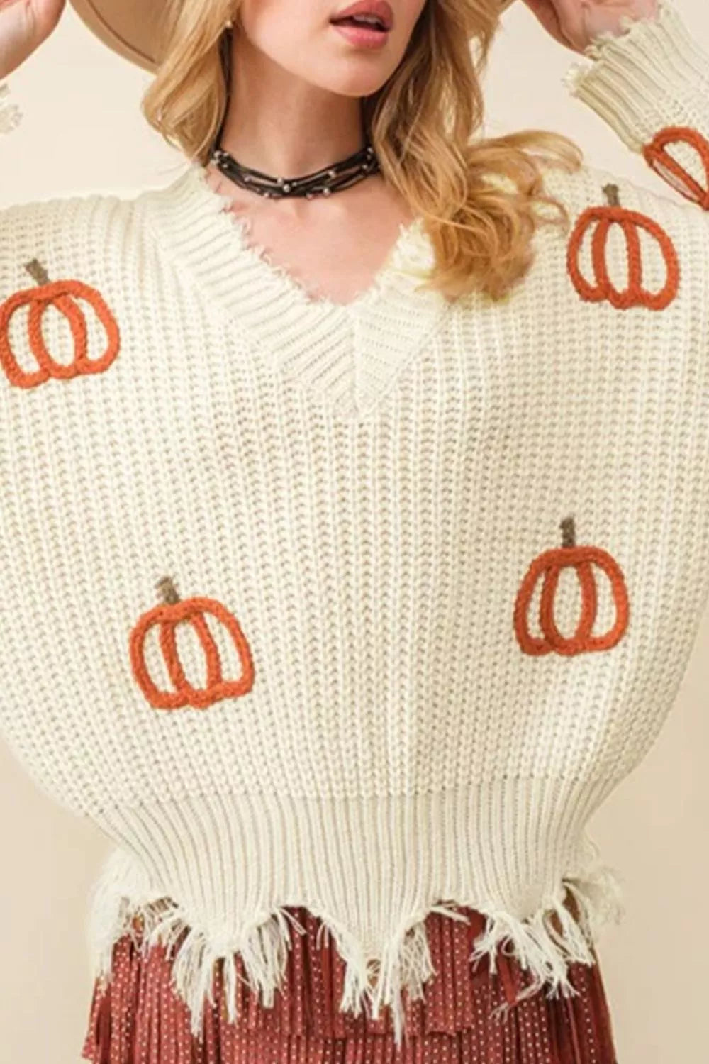 Cable Knit Pumpkin Raw Hem V Neck Loose Sweater