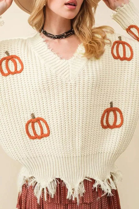 Cable Knit Pumpkin Raw Hem V Neck Loose Sweater