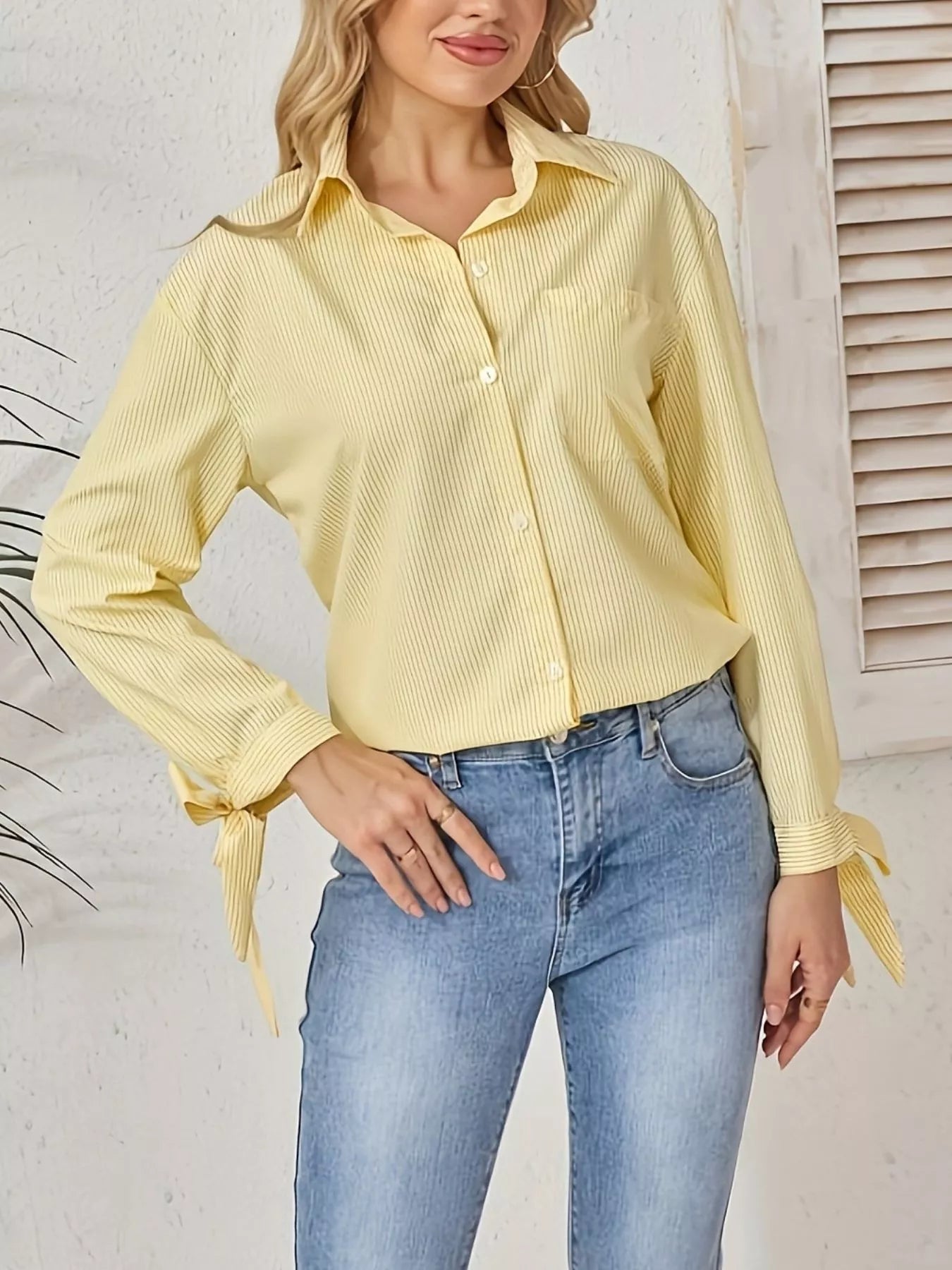 Striped Tie-Cuff Long Sleeve Shirt