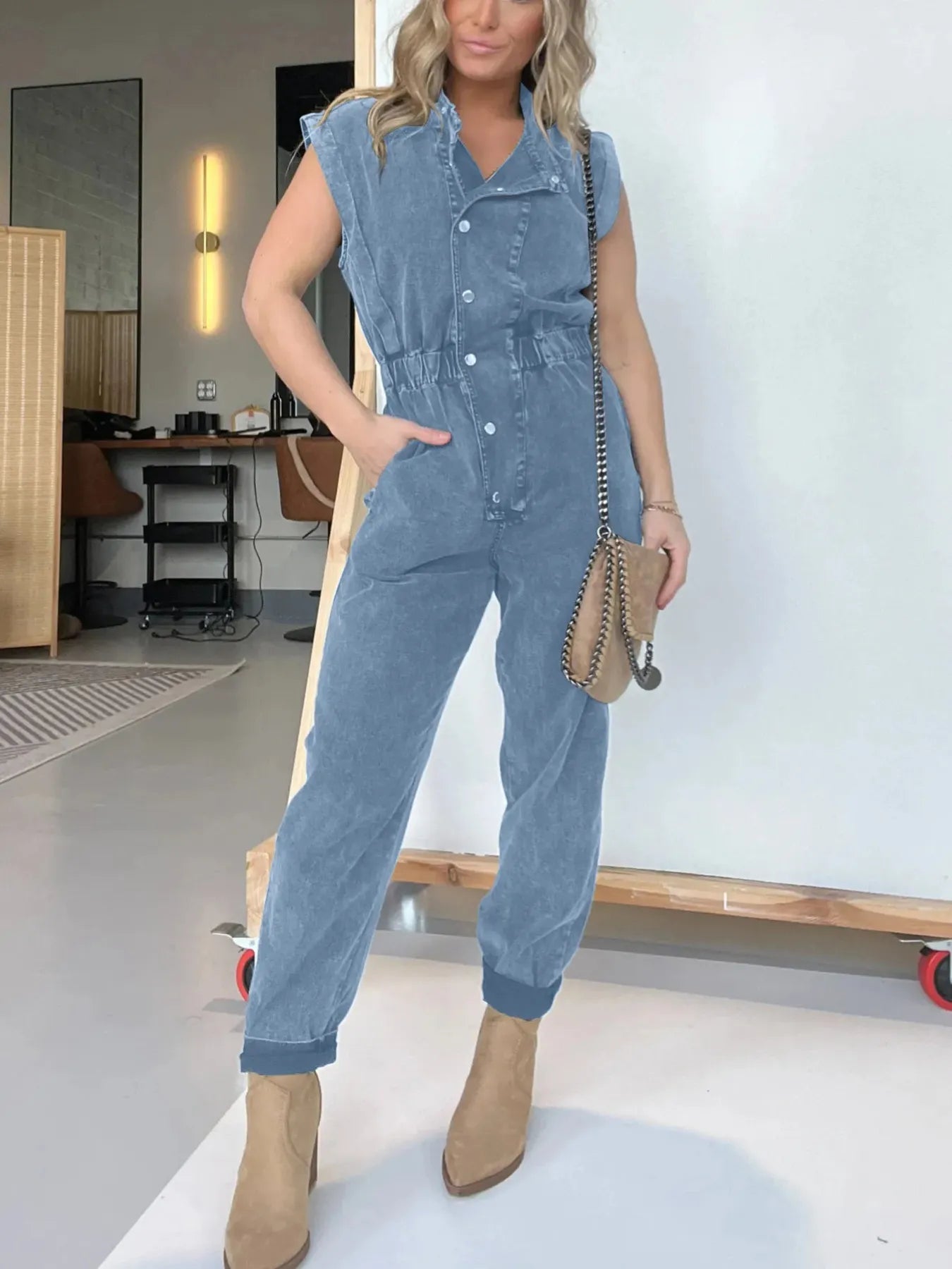 Full Size Button Front Cap Sleeve Denim Jumpsuit Plus Size