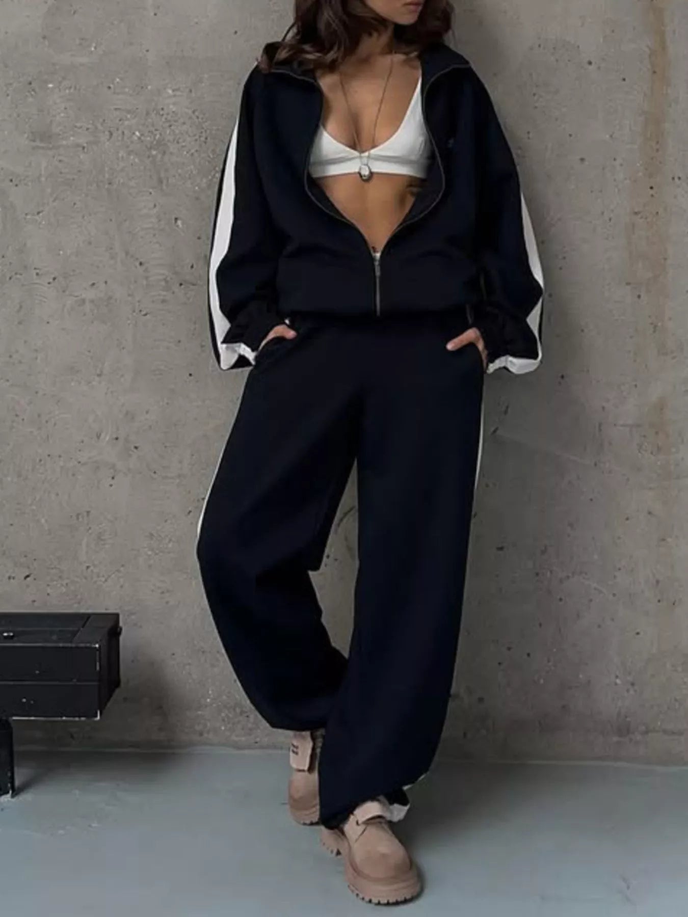 Zip Up Long Sleeve Outerwear and Pants Set