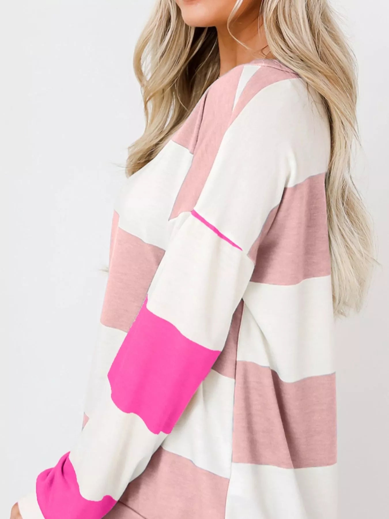 Women’s Color Block Drop Shoulder Long Sleeve Top – Casual Loose Fit Pullover Shirt