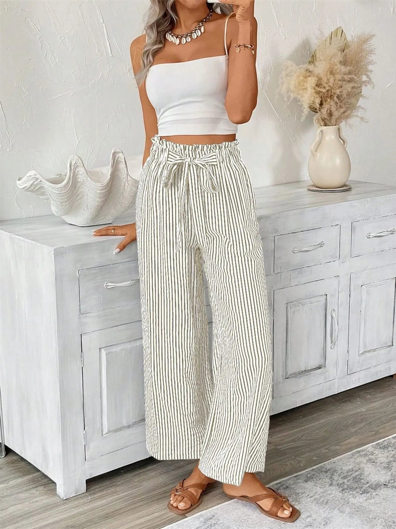 Signature Striped Paper Bag Pants (Full Size)