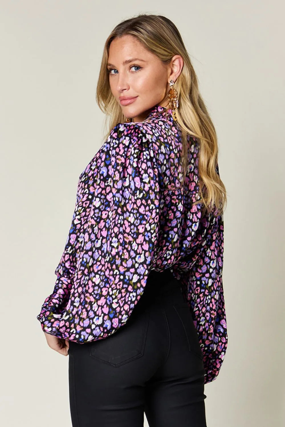 Metallic Purple Full Size Printed Balloon Sleeve Shirt