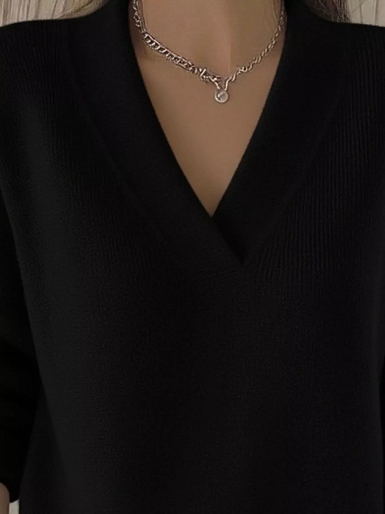 Full Size V-Neck Long Sleeve Sweater (S–5XL) – Inclusive Women’s Cozy Knit Top