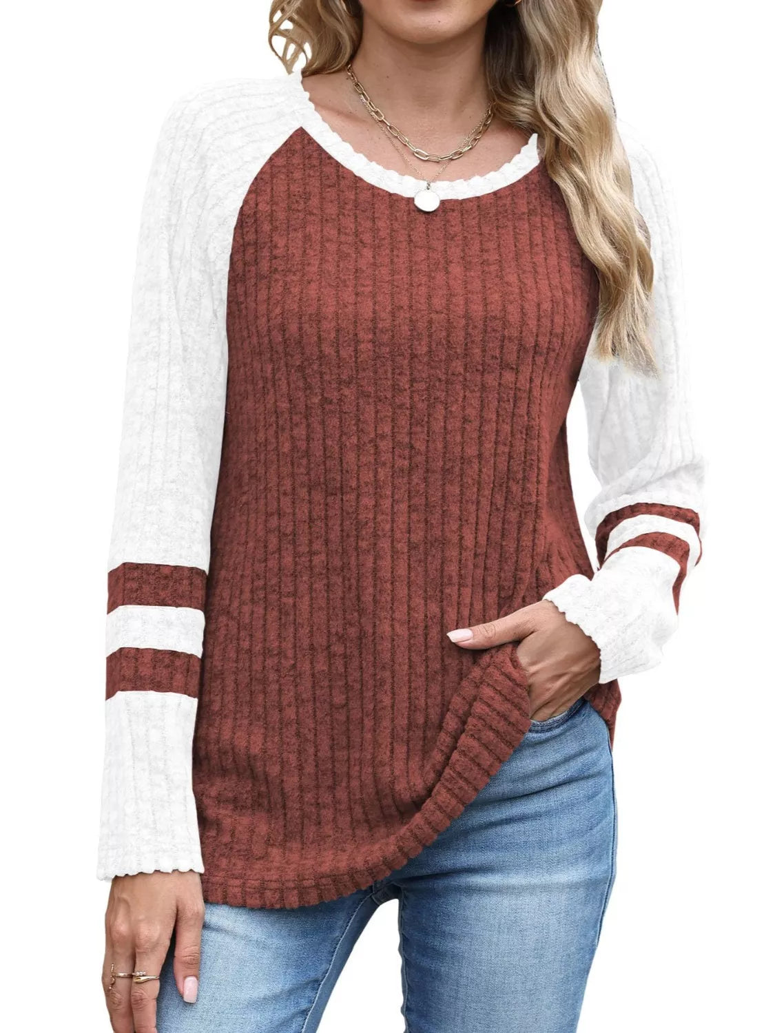 Ribbed Knit Raglan Long Sleeve T-Shirt