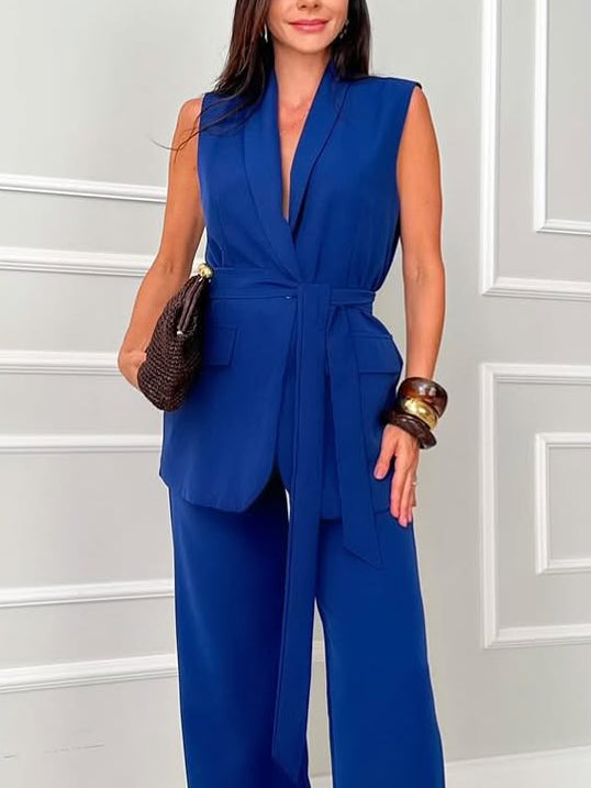 Elegant Classic V-neck Lace-up Suit Vest Blue