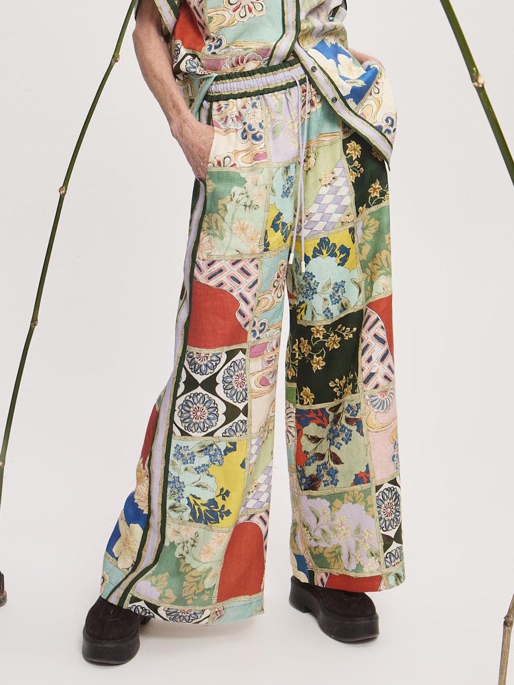 Vintage Artisan Patchwork Print Wide Leg Pants Multi