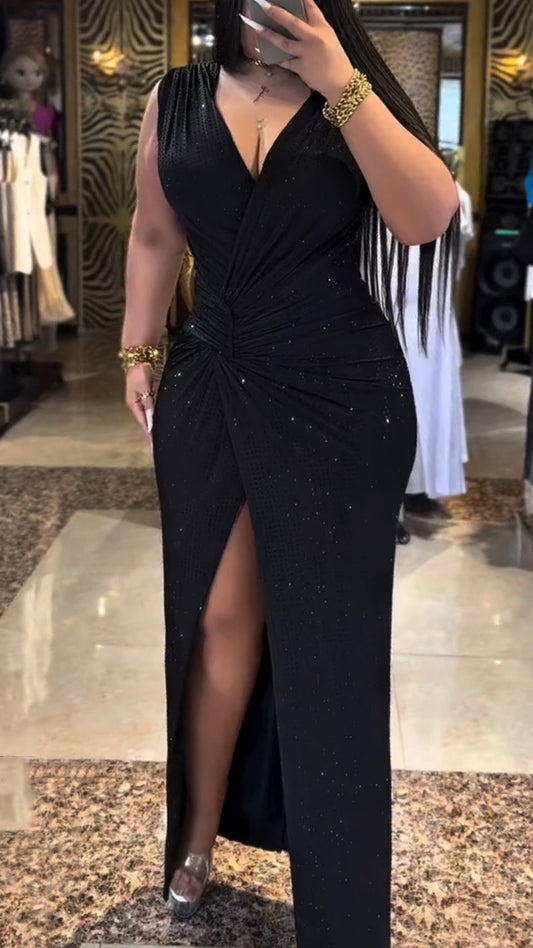 Ladies' V-neck Hot Pressed Diamond Waist Pleat Slit Temperament Casual Dress