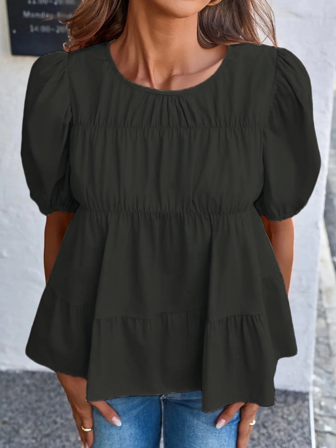 Round Neck Puff Sleeve Tiered Blouse