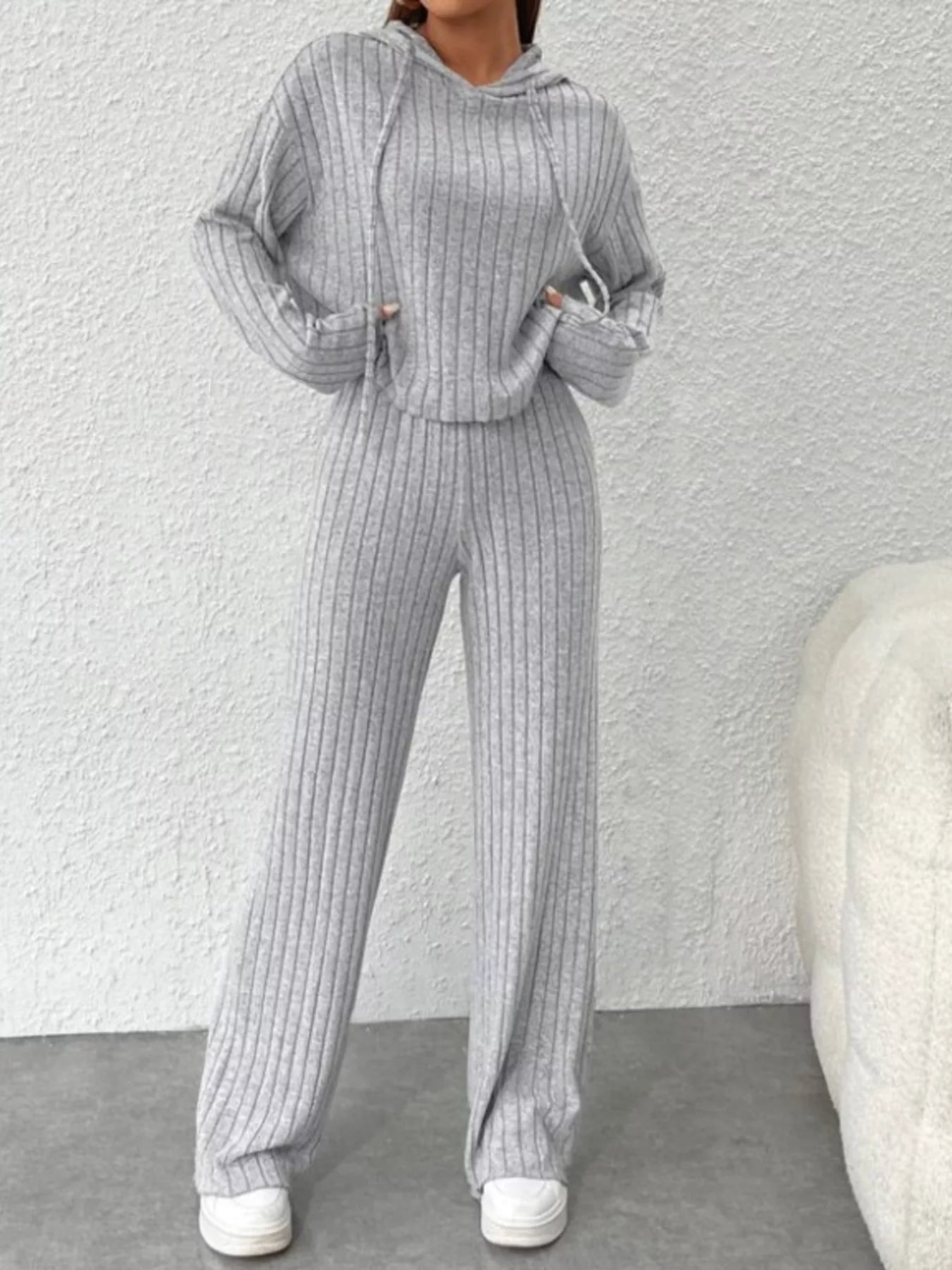 Ribbed Knit Hoodie & Wide Leg Pants Set