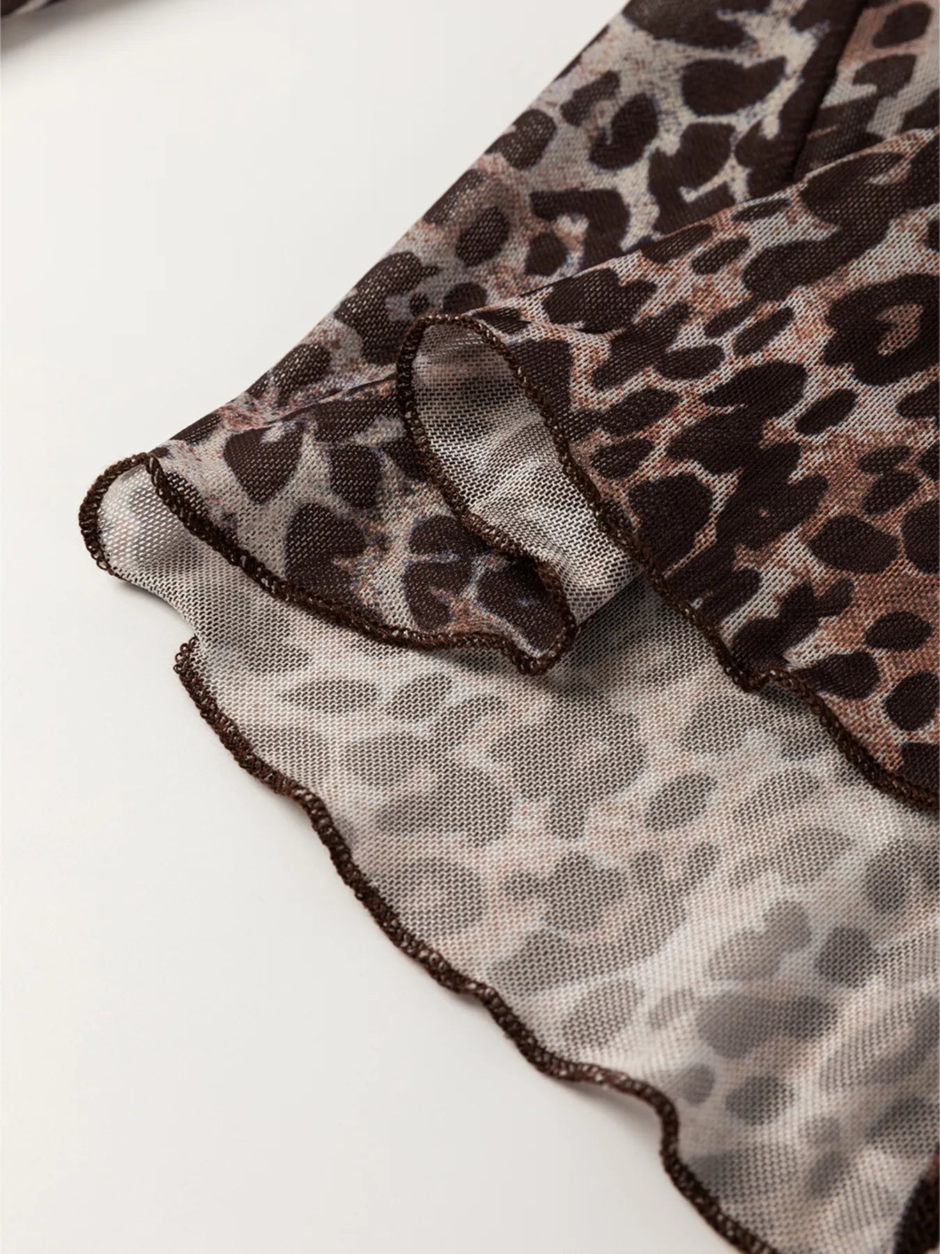 Leopard Sheer Mesh Long Sleeve V Neck Lace-Up Blouse