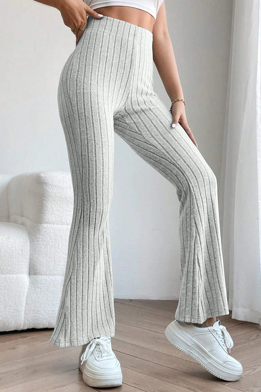 Basic Bae – Gerippte Schlaghose mit hoher Taille in voller Größe