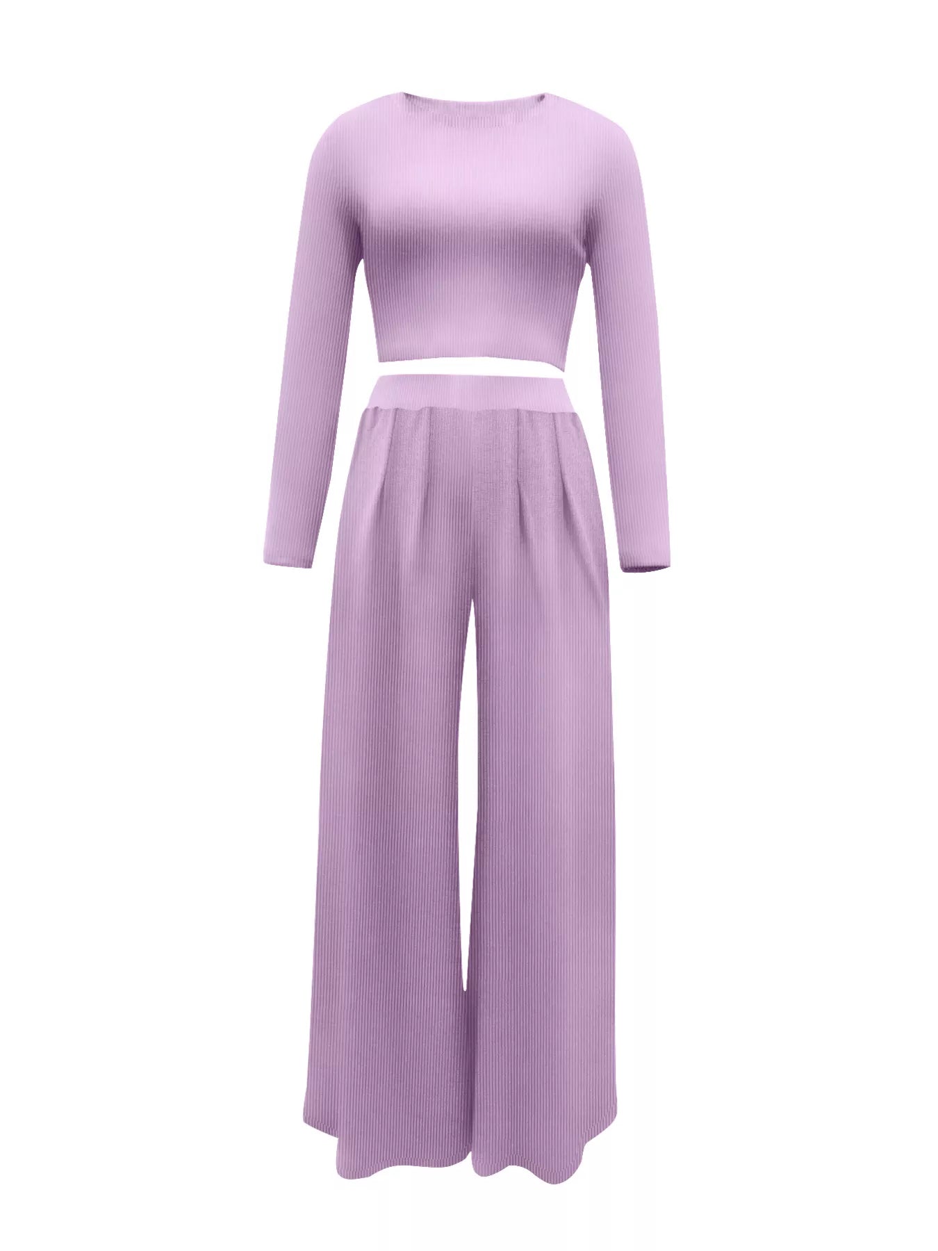 Casual Long Sleeve Crop Top and Wide Leg Pants Set