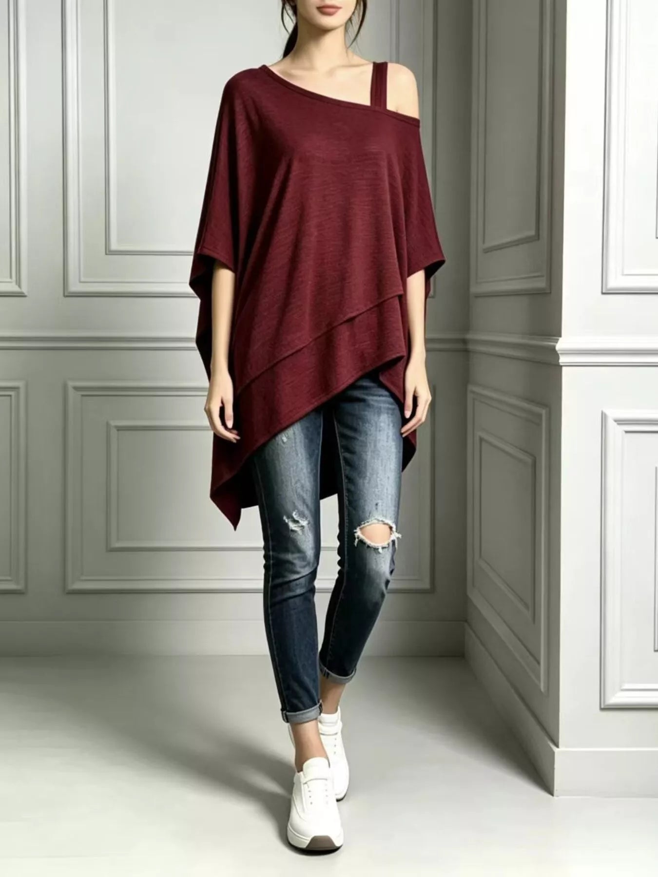 Plus Size Asymmetrical Neck Short Sleeve T-Shirt Plus Size Burgundy