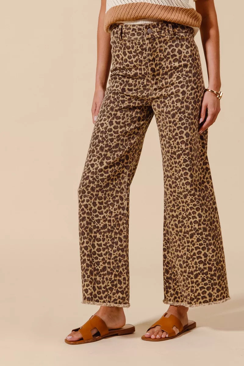 Mid Rise Leopard Twill Wide Leg Pants with Frayed Hem – Trendy Women’s Statement Trousers
