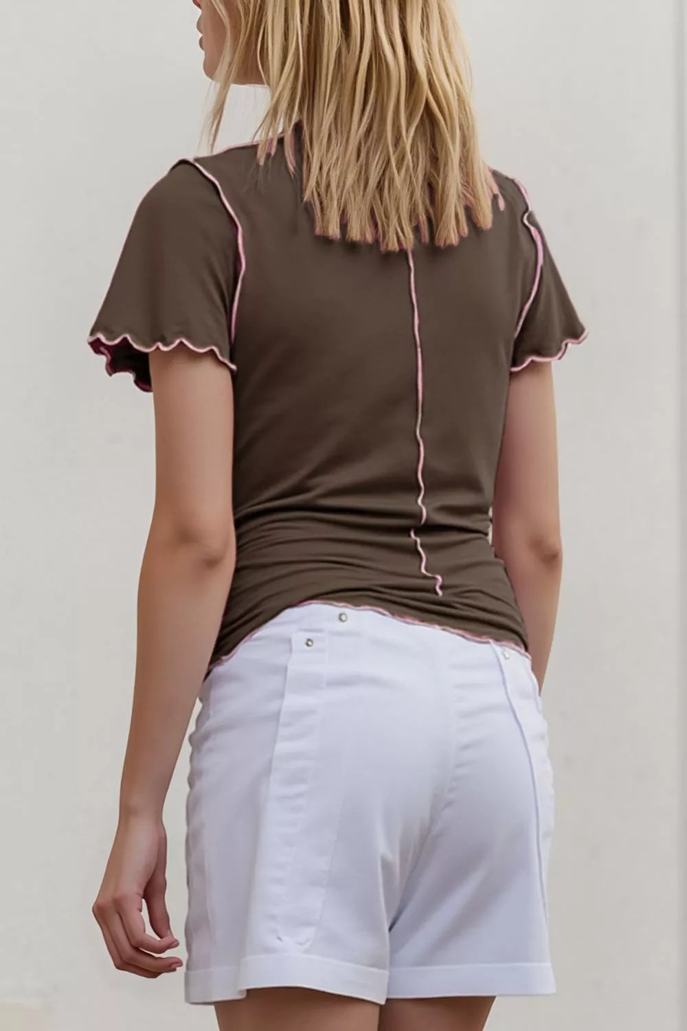 Basic Bae Mock Neck Wave Edge Contrast Stitching Ruffle Short Sleeve Tee