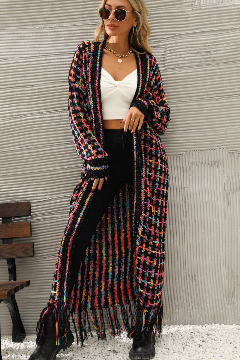 Multicolored Open Front Fringe Hem Cardigan Multi
