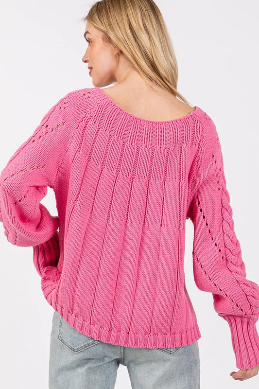 Deep Pink Cable-Knit Long Sleeve Sweater – Vibrant, Cozy Winter Style