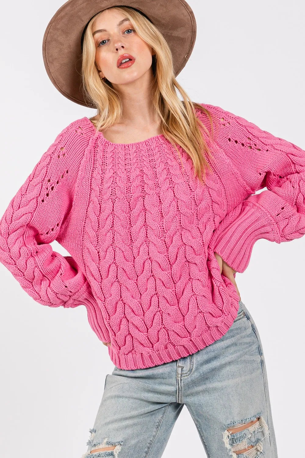 Deep Pink Cable-Knit Long Sleeve Sweater – Vibrant, Cozy Winter Style