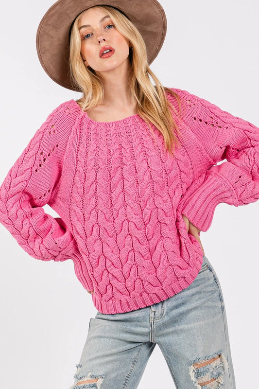 Deep Pink Cable-Knit Long Sleeve Sweater – Vibrant, Cozy Winter Style