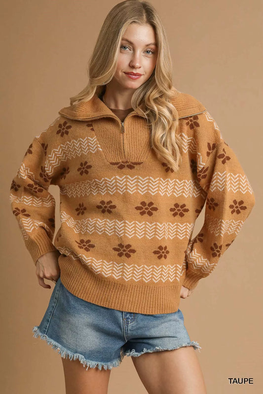 Umgee Floral Patterned Jacquard Quarter-Zip Pullover Sweater