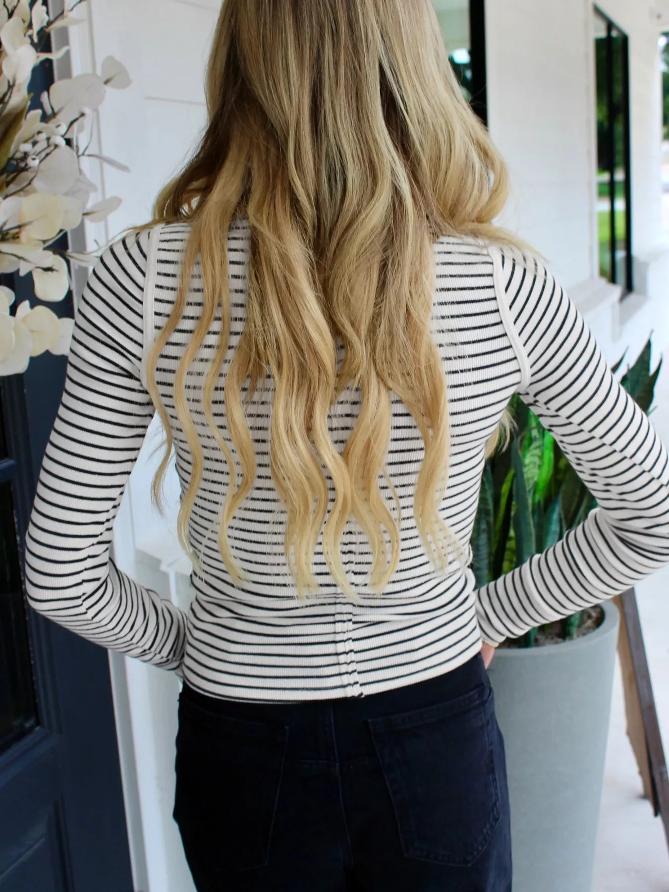 Striped Button Detail Long Sleeve Top