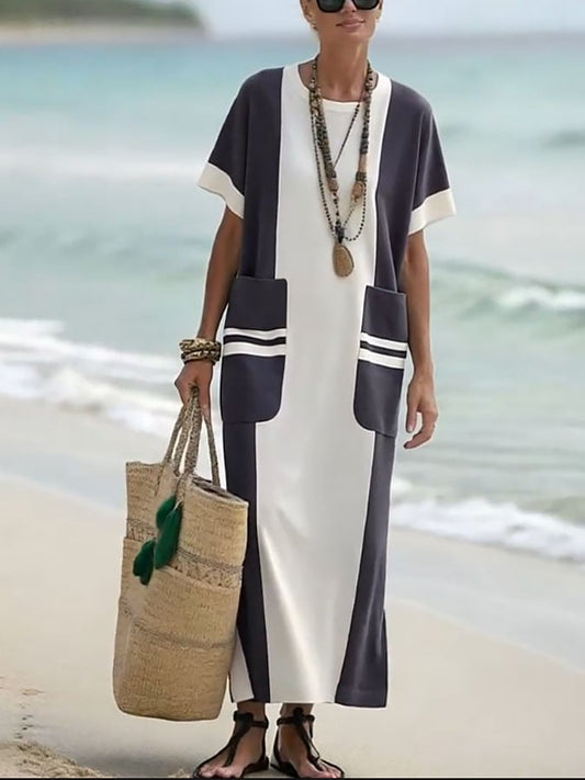 Women's Holiday Contrast Print Round Neck Loose Dress