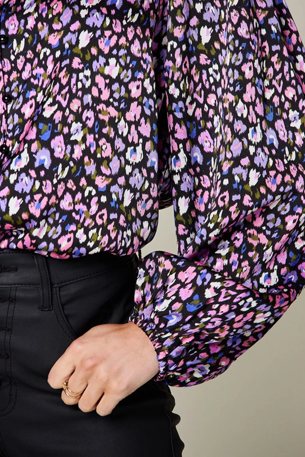 Metallic Purple Full Size Printed Balloon Sleeve Shirt