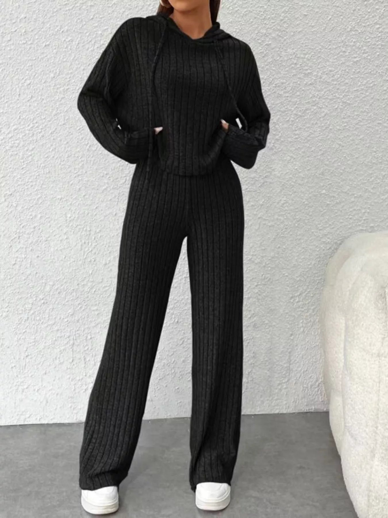 Ribbed Knit Hoodie & Wide Leg Pants Set