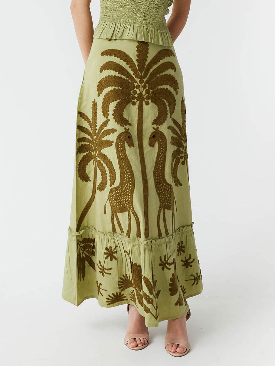 Elegant Palm Tree And Exotic Bird Print Skirt Green