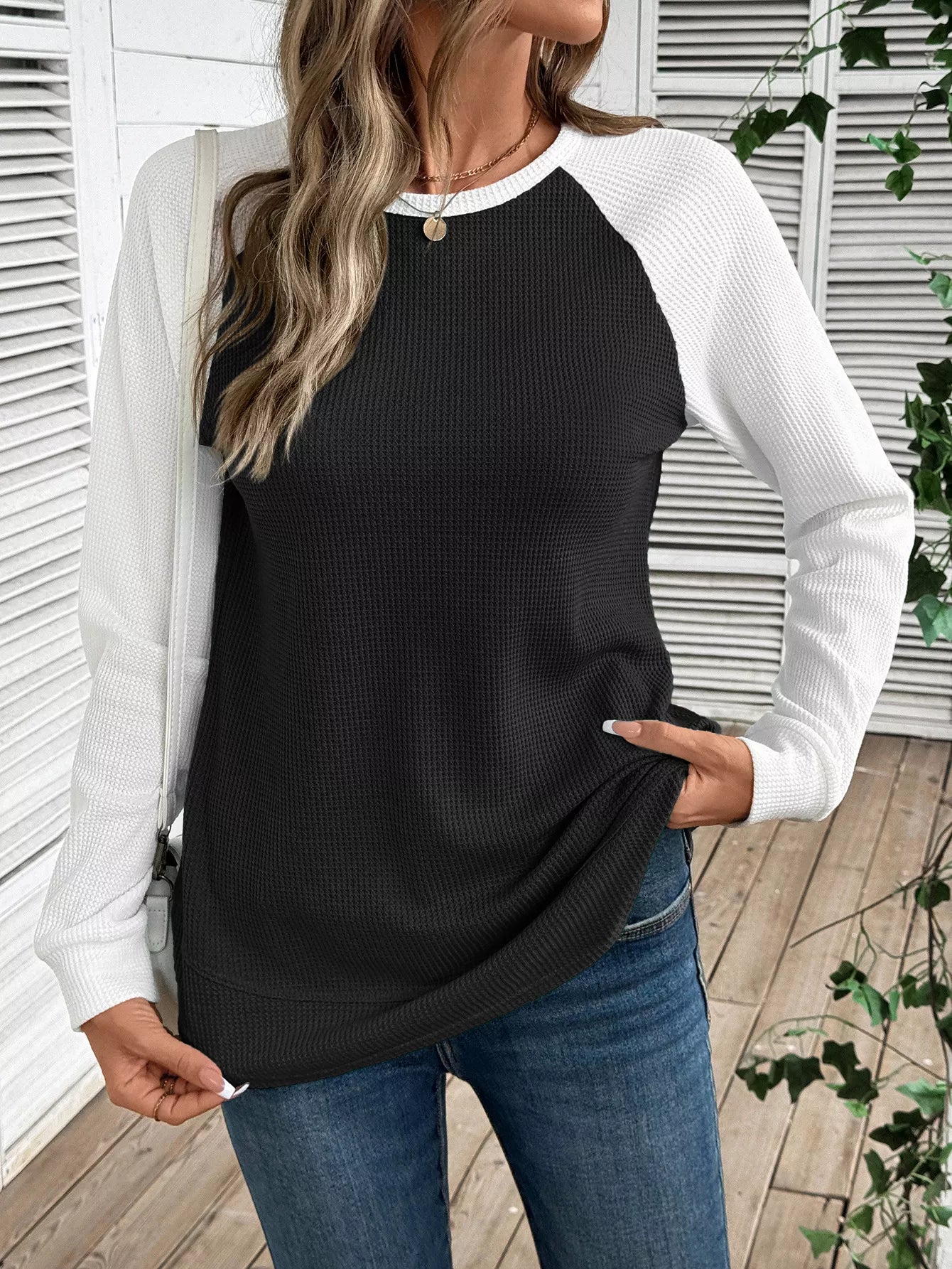 Contrast Raglan Sleeve Waffle Knit T-Shirt