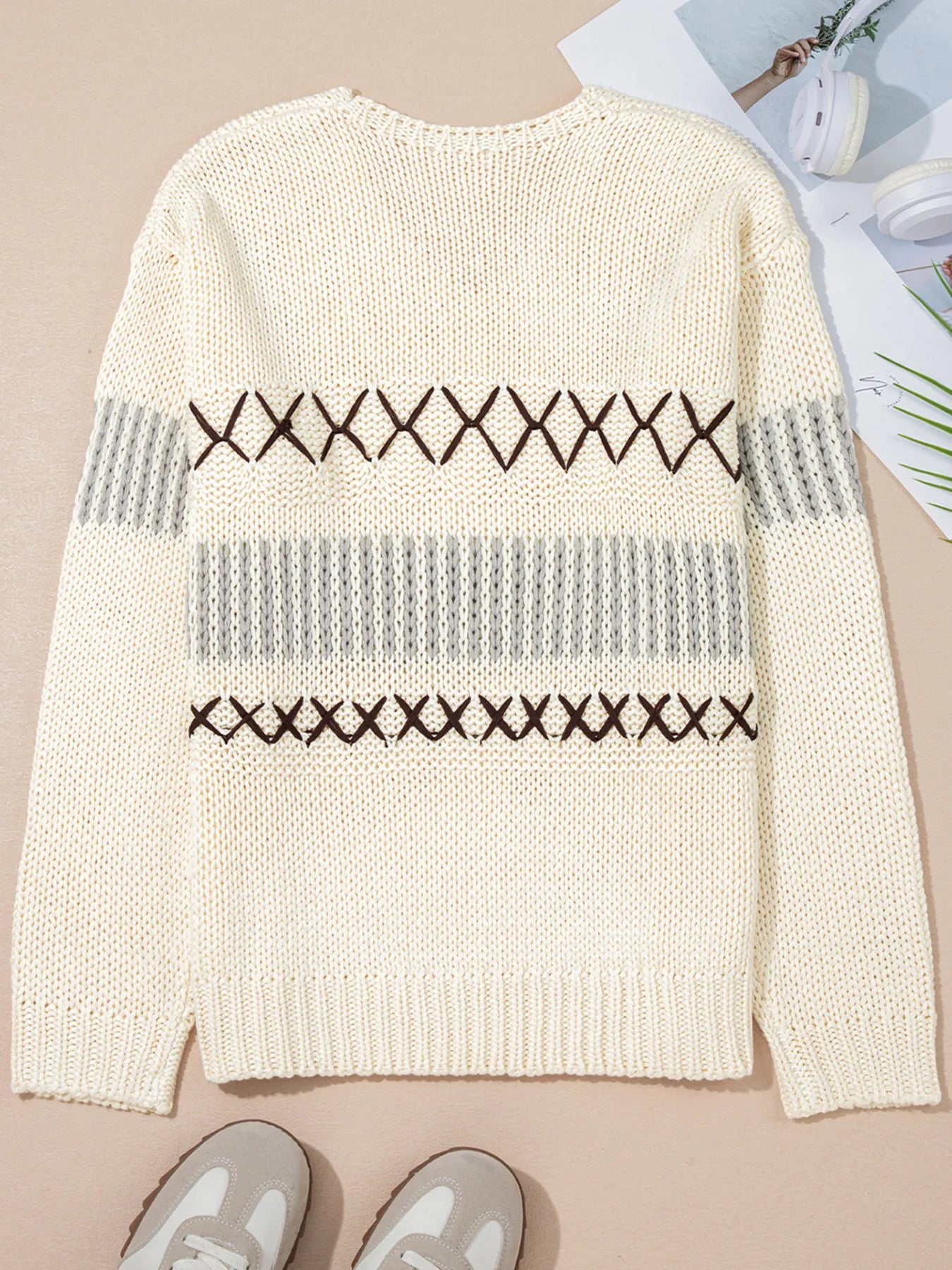 Contrast Stitch Detail V Neck Drop Shoulder Sweater