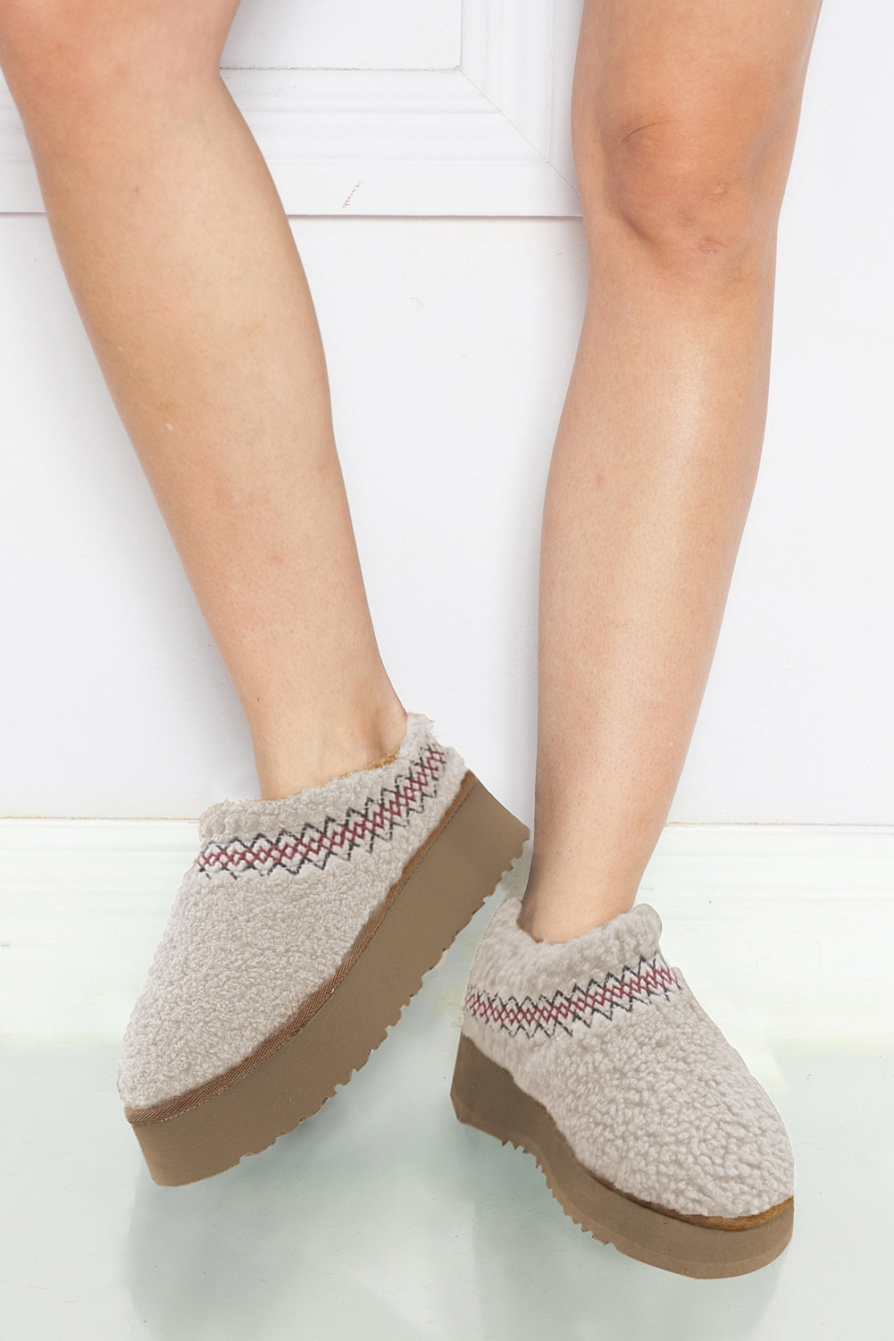 White Suede Contrast Print Plush Thick Sole Snow Boots