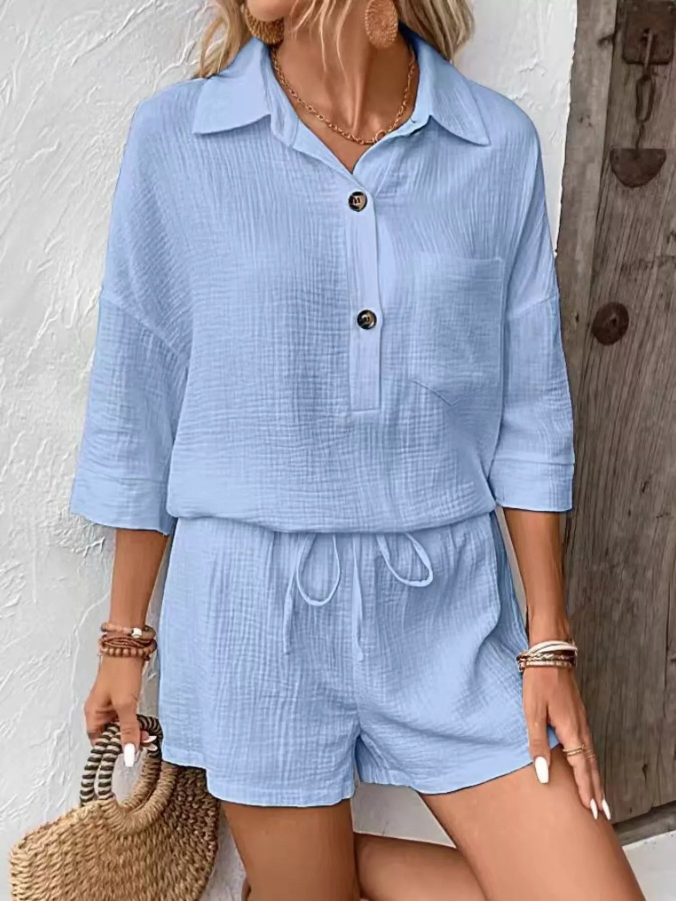 Button Detail Top and Shorts Set