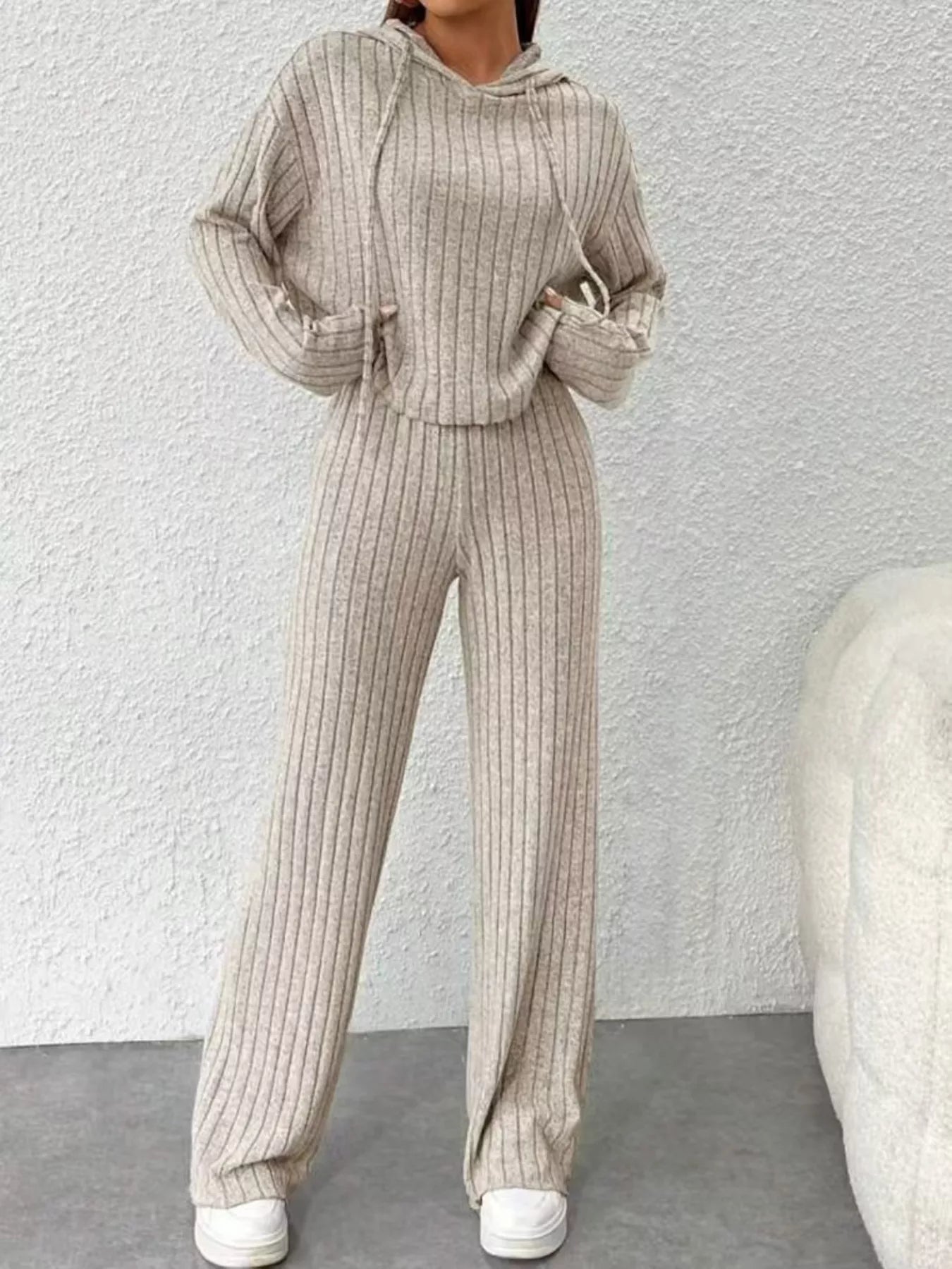 Ribbed Knit Hoodie & Wide Leg Pants Set