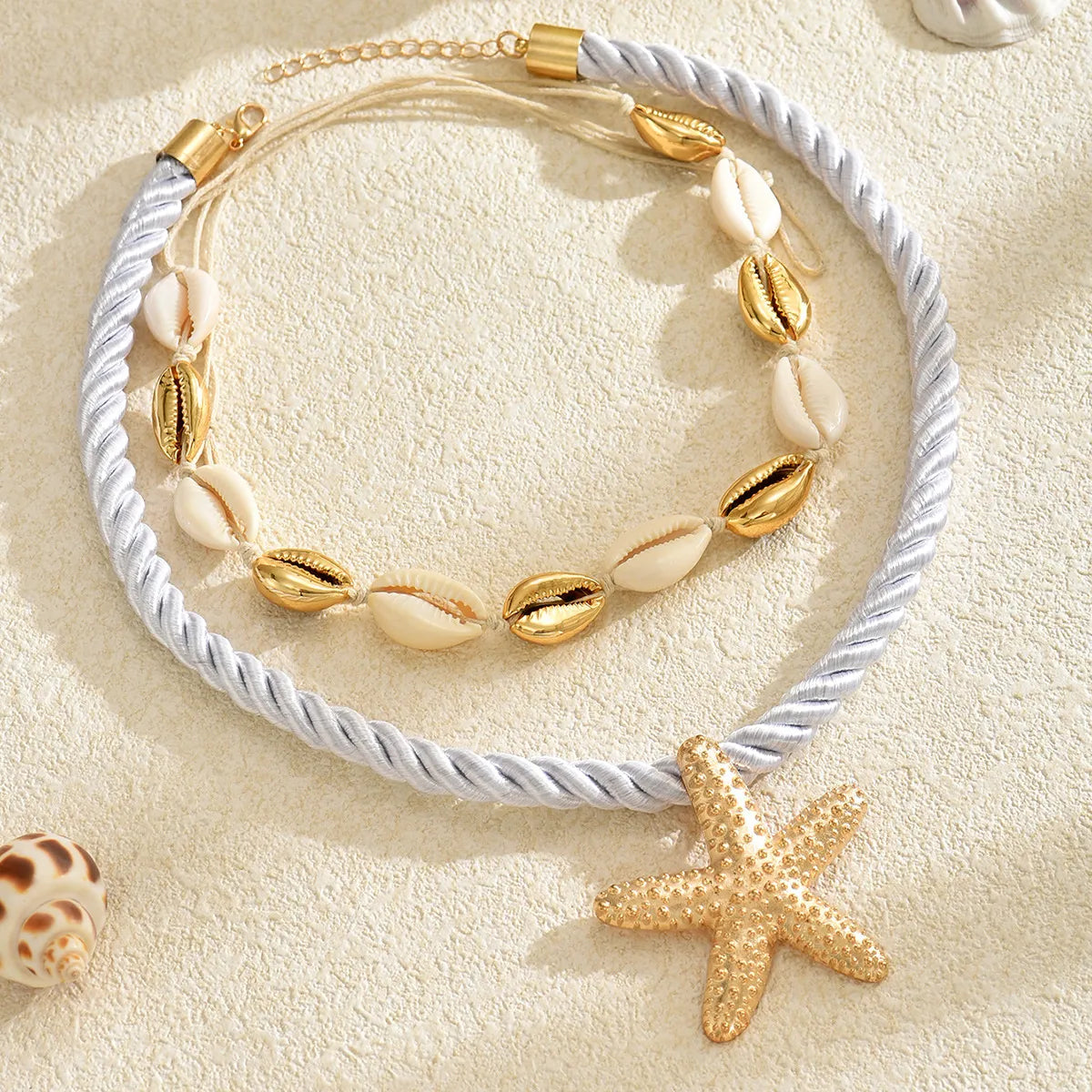 Boho Beaded Shell Starfish Necklace Set – Trendy 2-Piece Rope Jewelry for Women