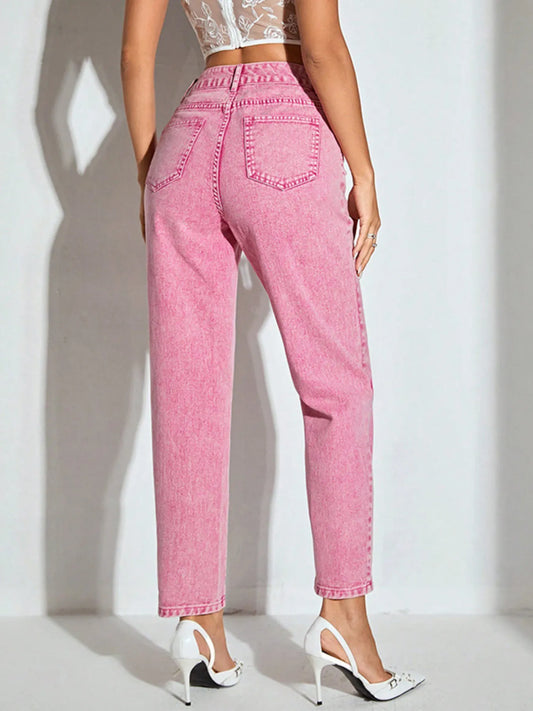 Women’s Light Pink High-Waisted Straight Leg Jeans – Trendy Washed Denim Pants