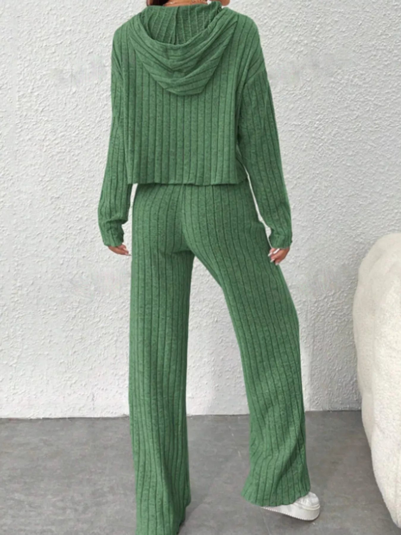 Ribbed Knit Hoodie & Wide Leg Pants Set