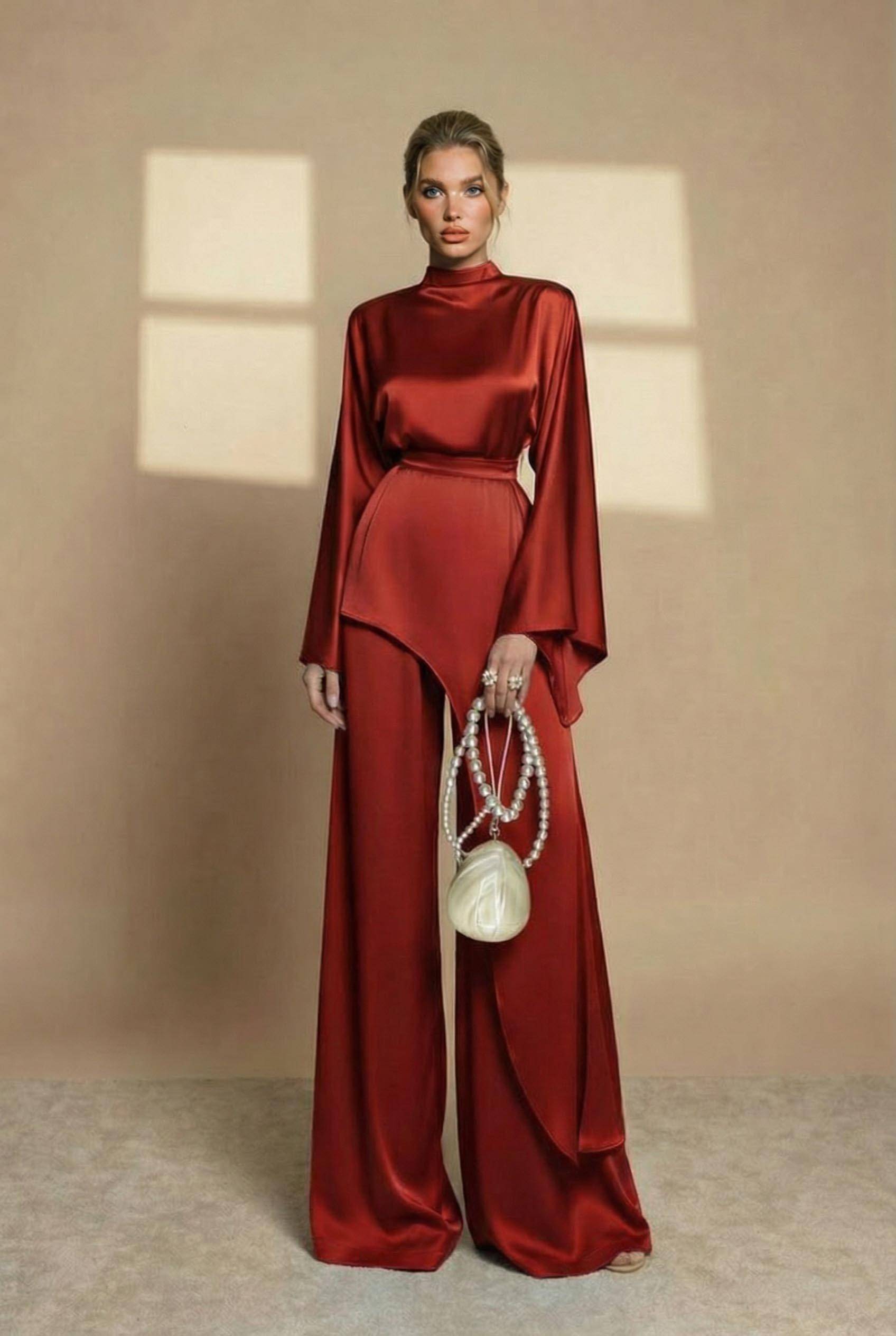Irregular Shirt And Wide Leg Pants Set Red