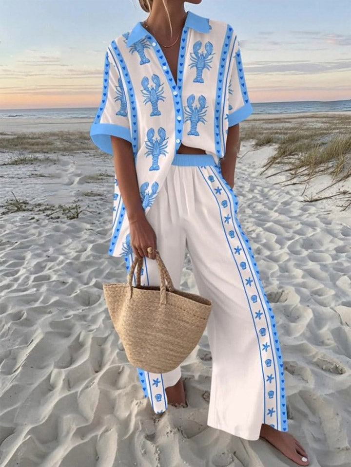 Casual Holiday Lobster Print Short-sleeved Trousers Two-piece Suit Blue