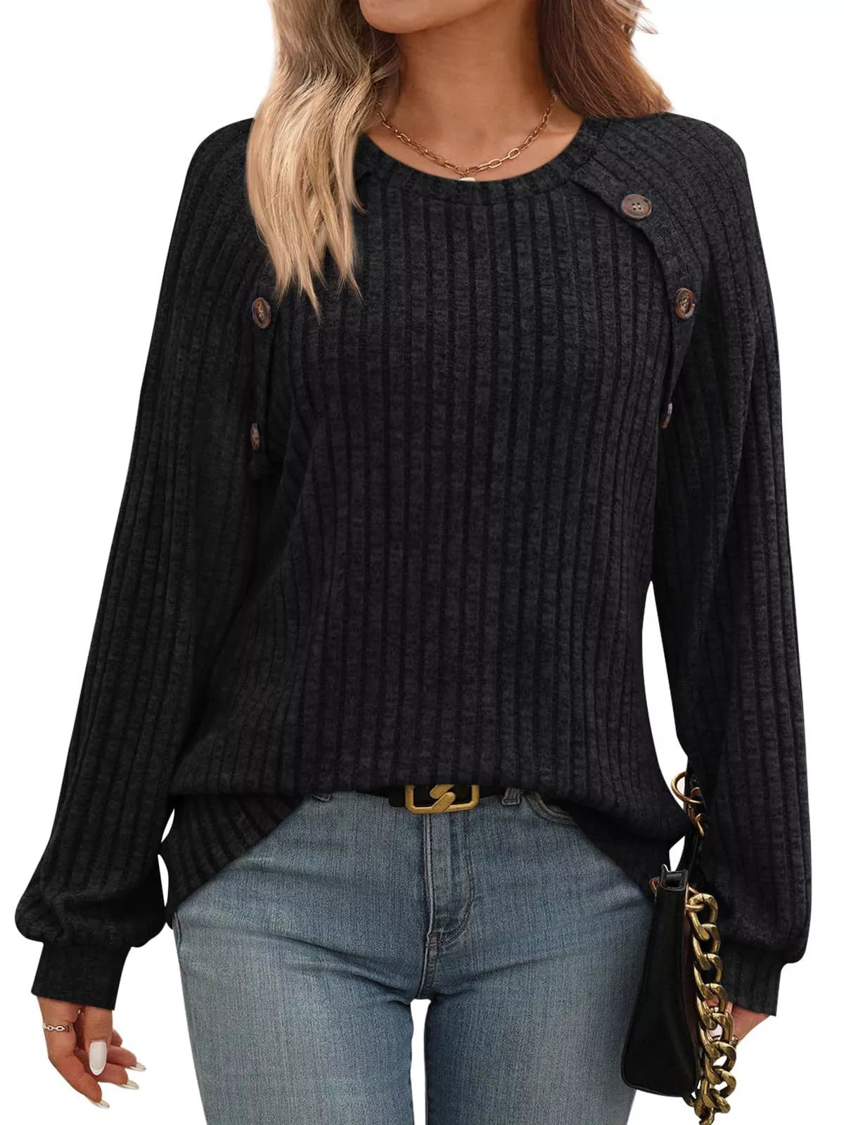 Ribbed Knit Decor Button Long Sleeve T-Shirt