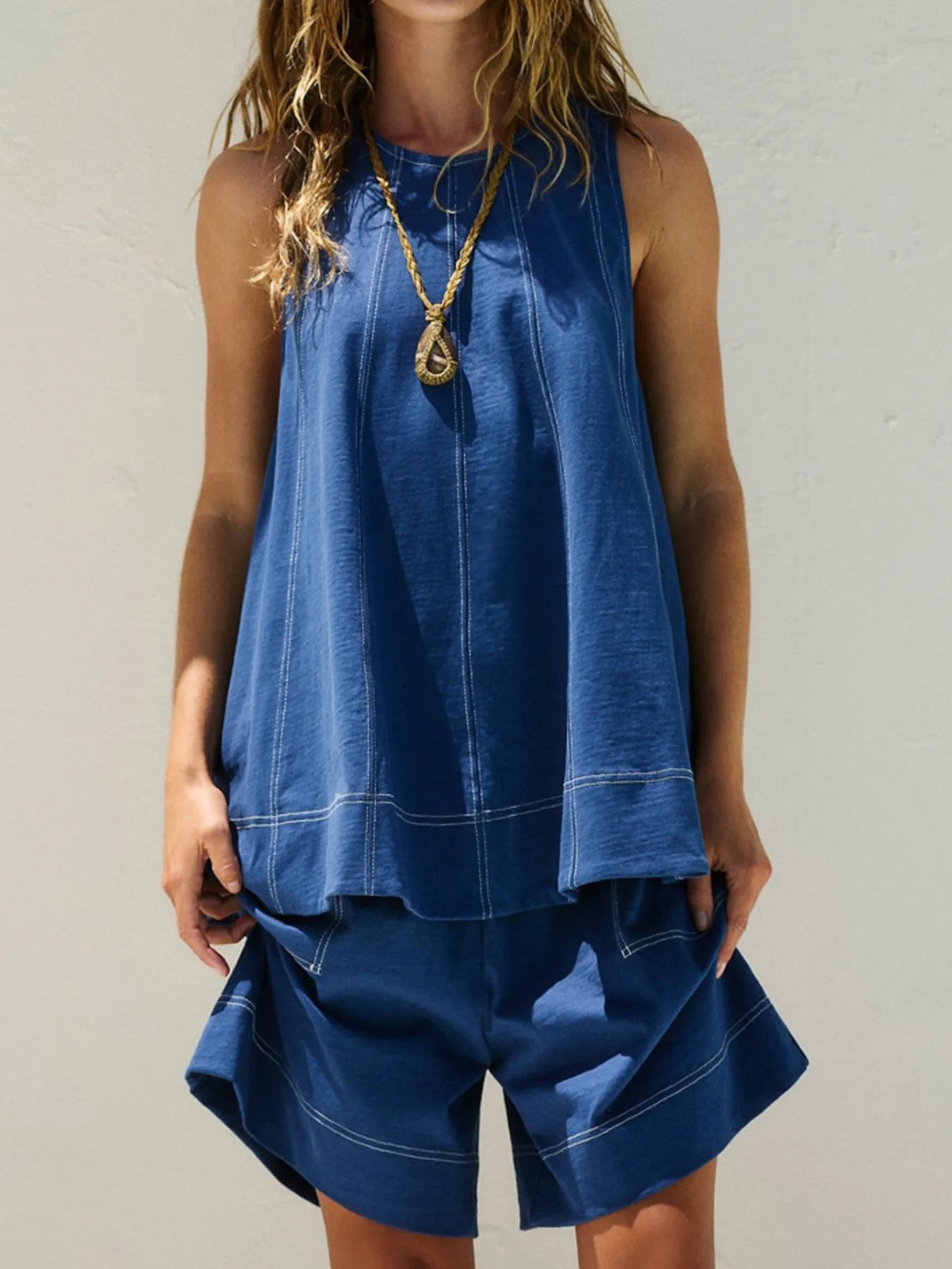 Casual Contrast Stitch Denim Tank Top and Shorts Set