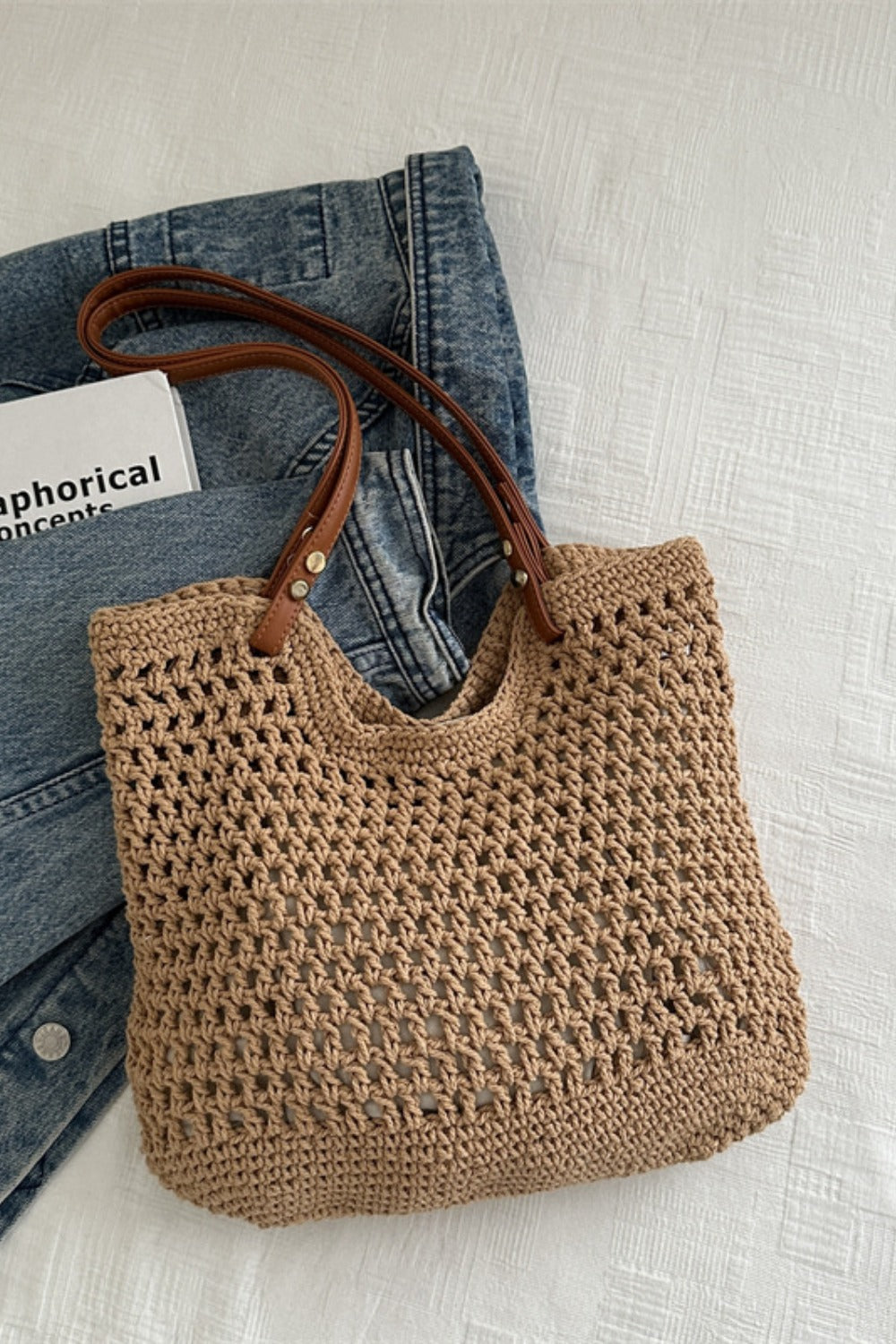 Openwork Woven Tote Bag Camel One Size