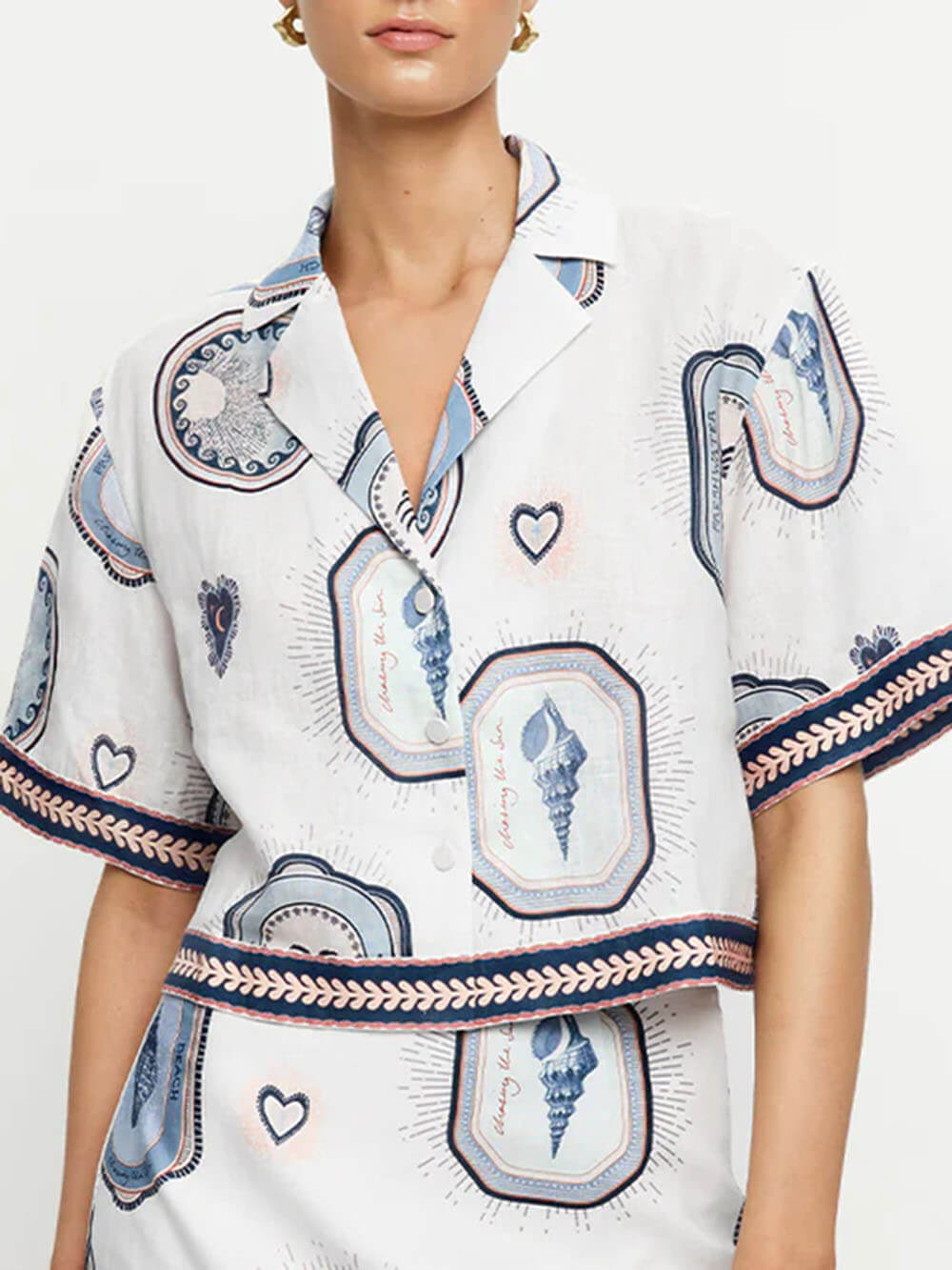 Retro Seashell Print Loose Top White Top