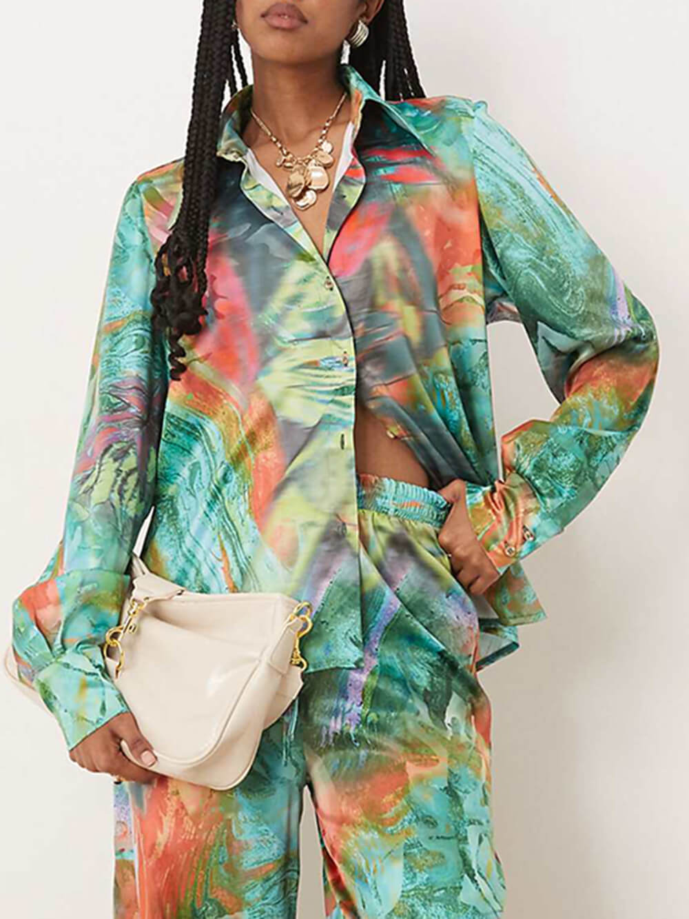 Unique Artistry in Motion Satin Oil Painting Print Button-Up Shirt Multicolor
